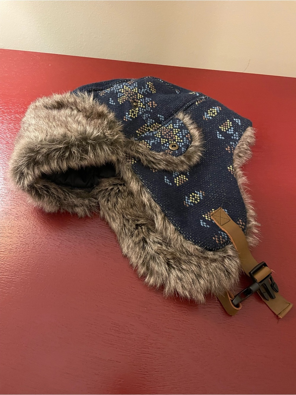 Faux Fur-Lined Trapper Hat - Blur Snowflake Pattern